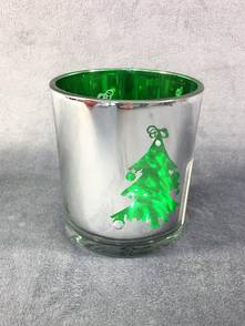 GREEN/SILVER VOTIVE WITH XMAS TREE PATTERN (12)