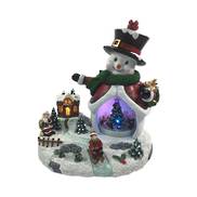 LED 25CMH SNOWMAN WITH ROTATING TREE INSET & CHILD SLEDDING, WHILE SANTA LOOKS ON