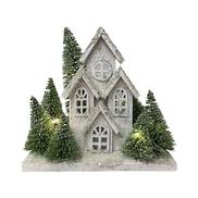 30CMH WHITE WOODEN HOUSE WITH TREE WITH LIGHTS