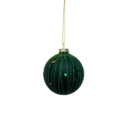 GREEN GLASS BALL WITH GREEN GLITTER LINES (12)