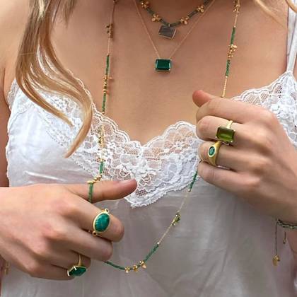 Necklace - Long Gold plate chain with Green Aventurine beads & gold charms