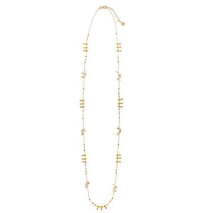 Necklace - Long Gold plate chain with Multi Tourmaline beads & gold charms (sold)