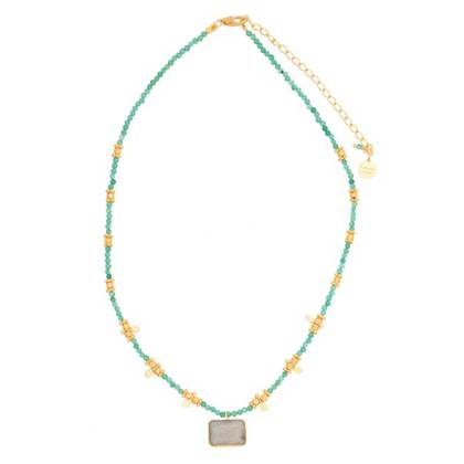 Necklace - Short Green Aventurine bead necklace with Labradorite pendant & gold charms (sold)