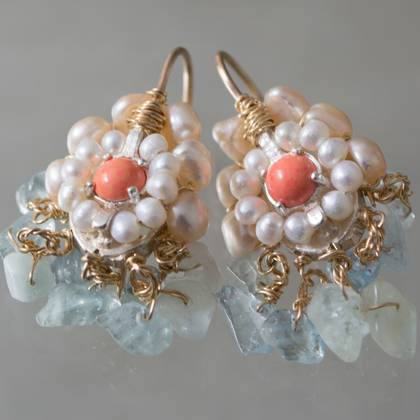Earrings Ethnic pearls, coral & aquamarine - n° 74