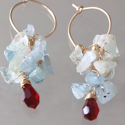 Earrings Cluster aquamarine, red crystal - n° 51 (sold)