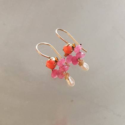 Earrings Dancer coral, pink Jade & pearl - n° 299
