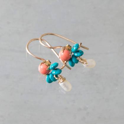 Earrings Dancer coral, turquoise & pearl - n° 339