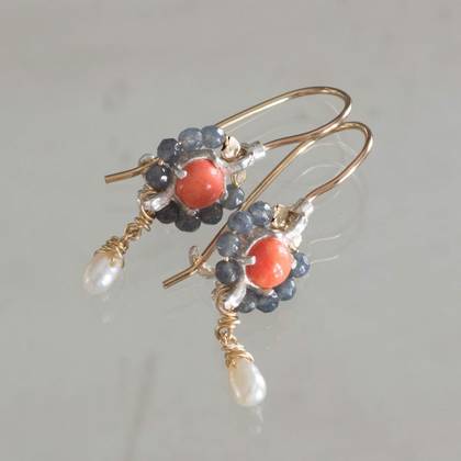 Earrings Flower mini coral & labradorite - n° 324 (sold out)
