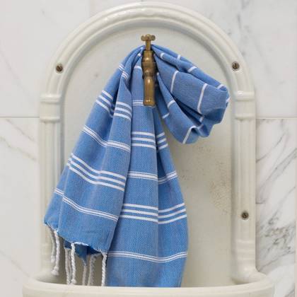 Turkish Cotton Large Hand Towel - Mediterranean Blue / White