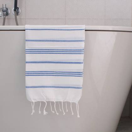 Turkish Cotton Large Hand Towel - White / Greek Blue