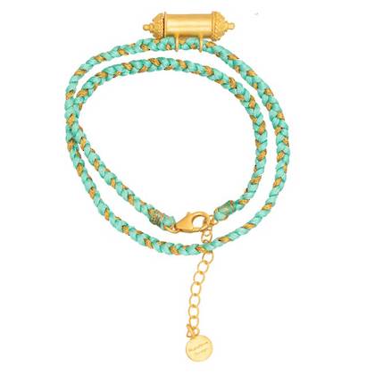 Green Silk Wrap Bracelet with Gold Plate Tailsman pendant
