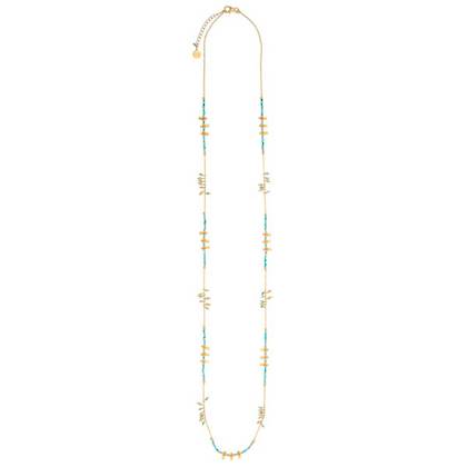 Necklace - Long Gold plate chain with Turquoise beads & gold charms