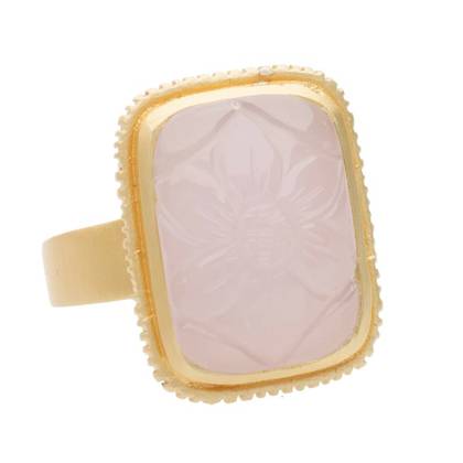 Carved Rectangle Rose Quartz Glass Ring