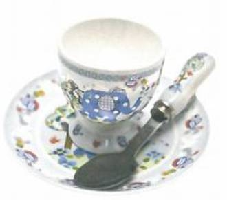 Blue Elephant Egg Cup, Spoon, Saucer Set