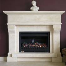 Large French Provincial style fireplace with raised hearth, carved in Oamaru Limestone with aged patina