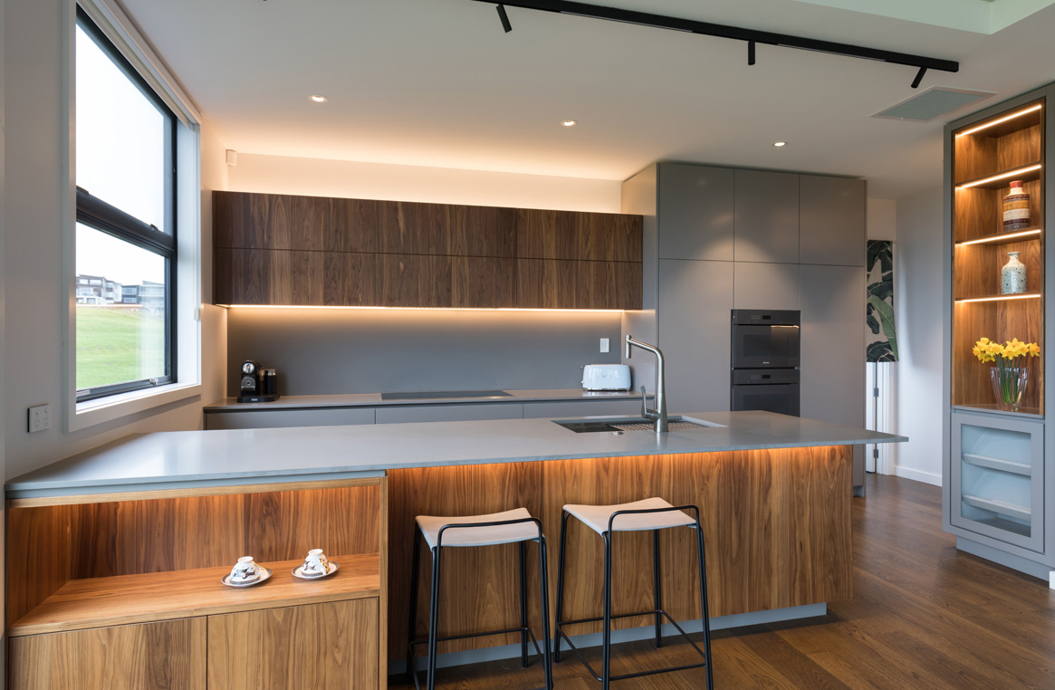 light grey and walnut kitchen