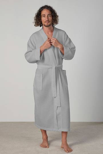 Baksana  - Unisex 50-50 Waffle Kimono Style Robe - Grey
