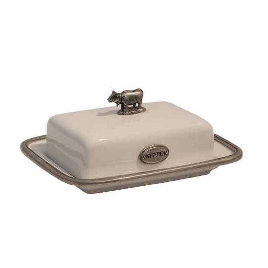 French Country -  White Porcelain and Pewter Butter Dish