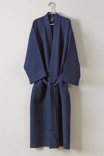 Baksana - Unisex 50-50 Waffle Kimono Style Robe - Navy