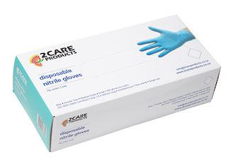 2Care Disposable Blue Nitrile Powder Free Gloves SM Box of 100