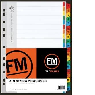 FM Indices A4 1-20 Tab Colour Reinforced Card