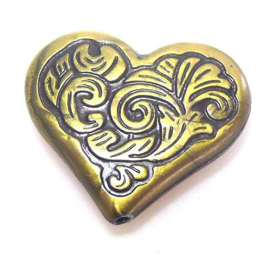 Acrylic Bead, 28mm: Leafy heart, antique brass