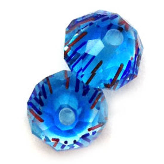 10mm Chinese Lampwork Facet, Aqua Blue with red and blue thin stripes