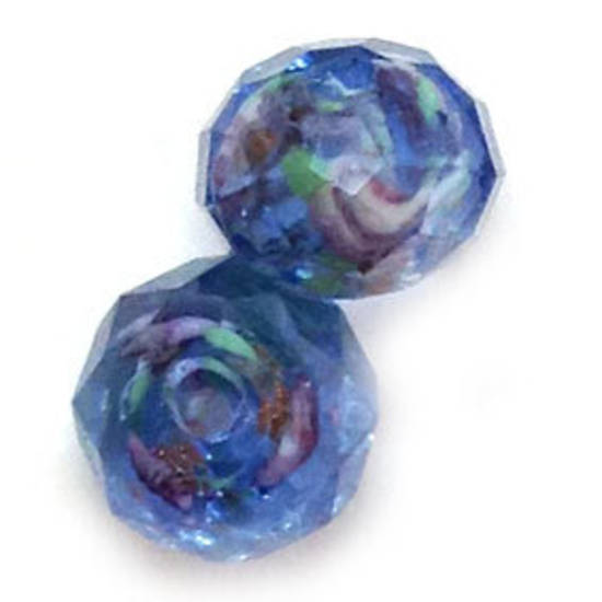 Chinese Lampwork Facet, Lt Sapphire with pink and green flower swirls