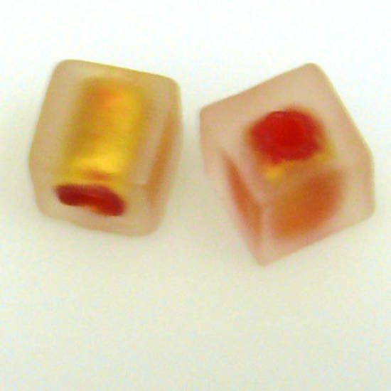 Chinese Lampwork, Frosted Gold Cube with Red Lining