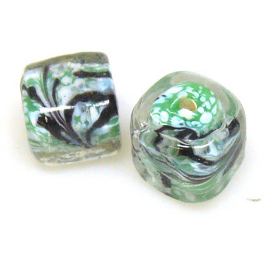 Indian Lampwork, Green/White/Black/Clear Cube