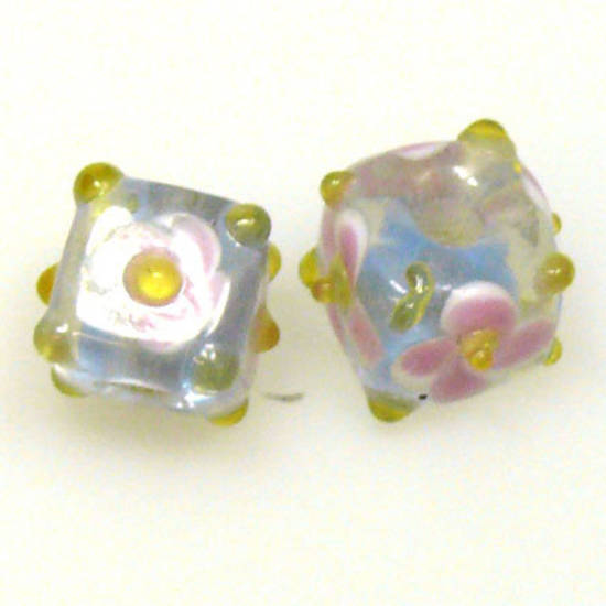 Chinese Lampwork Cube , Dull Blue with Pink Flower