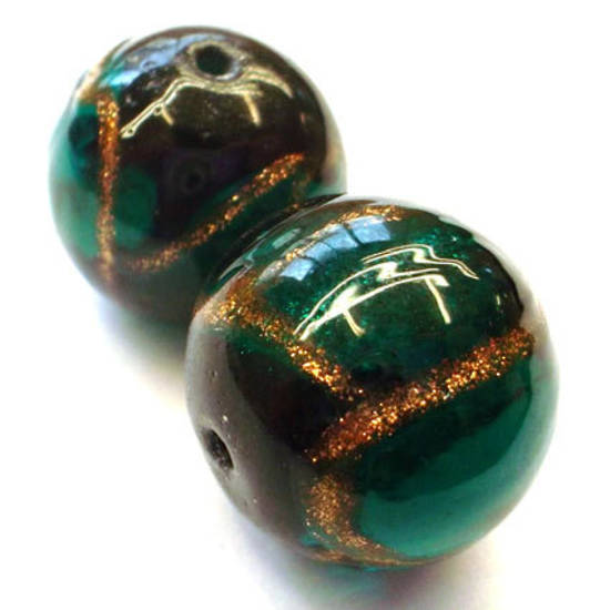Chinese lampwork ball, dark emerald with gold/black markings