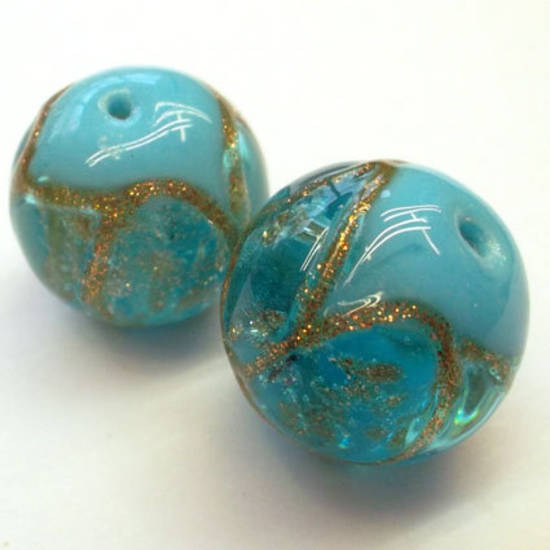 Chinese lampwork ball, aqua blue with gold markings