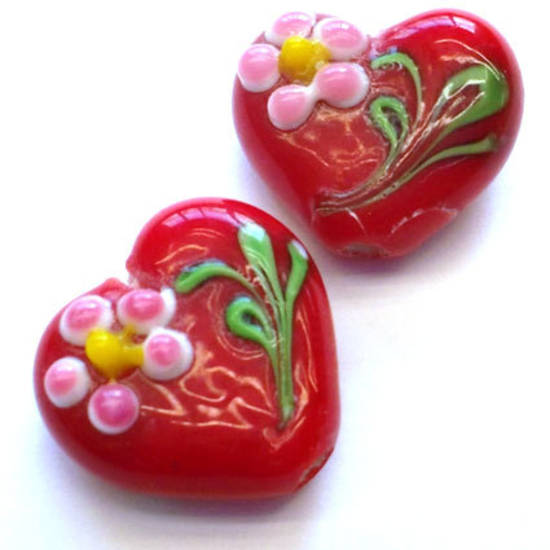 Chinese lampwork heart, opaque red with pink flower