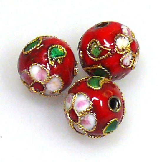 Cloisonne Bead, 10mm round, Red with floral decoration