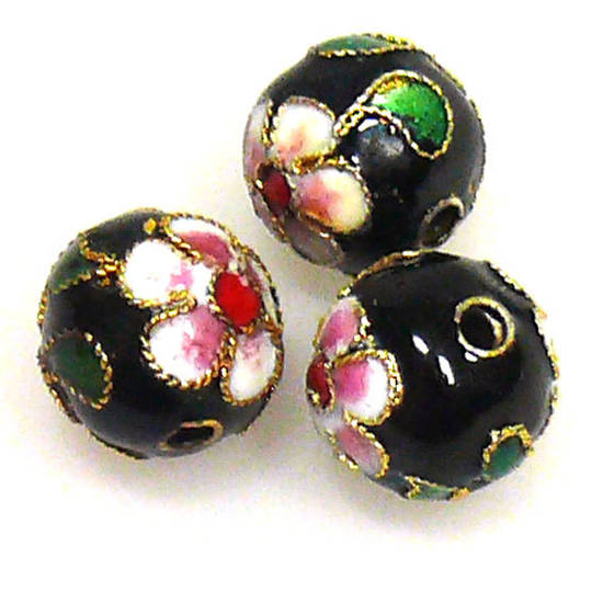 Cloisonne Bead, 10mm round, Black with floral decoration