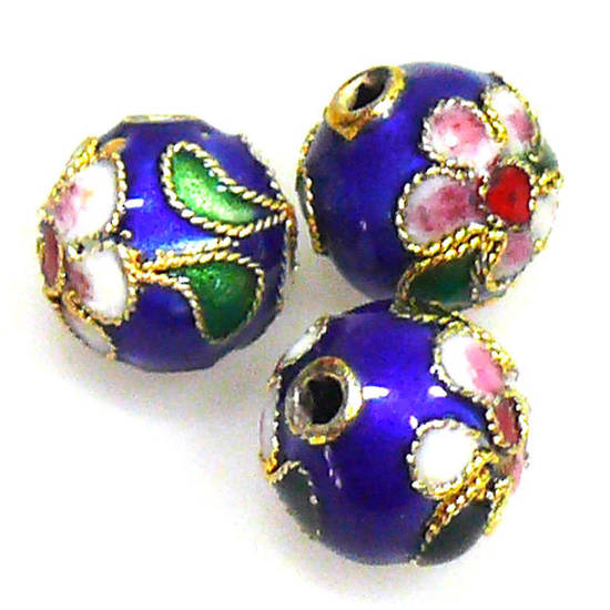 Cloisonne Bead, 10mm round, Blue with floral decoration