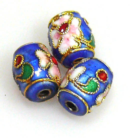 Cloisonne Bead, small barrel, 10mm x 8mm, Blue with floral decoration