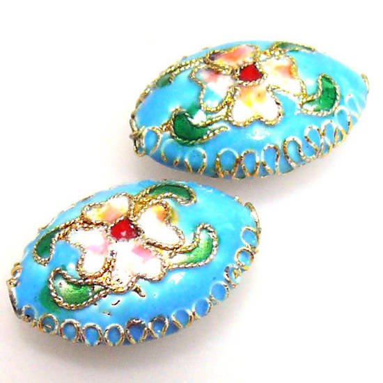 Cloisonne Bead, cushion oval 15mm x 20mm. Aqua with floral decoration.