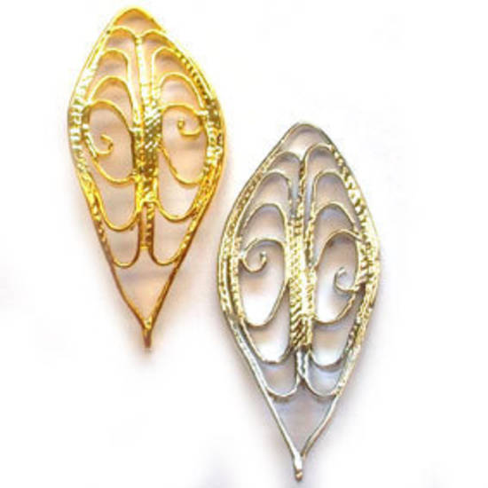 Metal Charm: Curved filigree leaf - gold/silver
