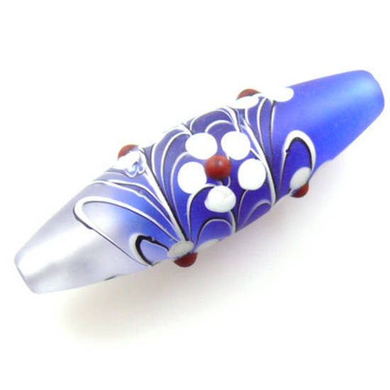 Czech Lampwork, opaque oval, sapphire and clear with flower decoration.