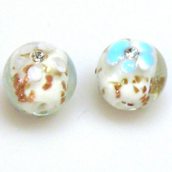 Chinese Lampwork Bead (15mm): White, inset with diamantes.