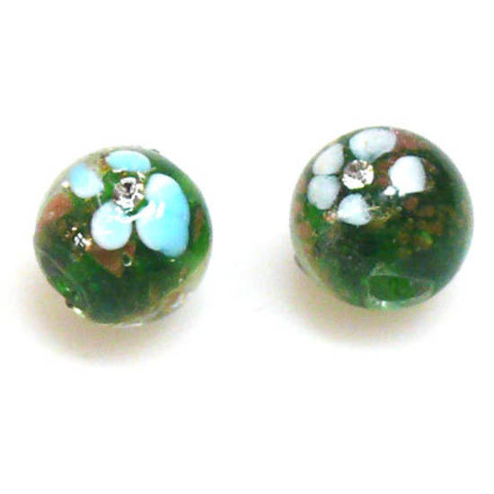 Chinese Lampwork Bead, 15mm Round, inset with Diamates. Green.