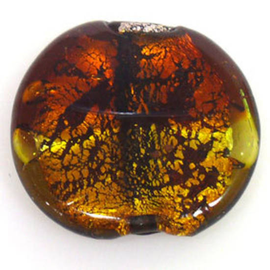 Indian Lampwork Foiled Disc: Brown/gold - approx. 36mm x 30mm (5mm thick)