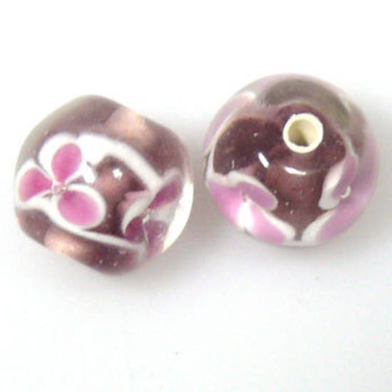Indian Lampwork, round, very light amethyst with pinky/white flower pattern