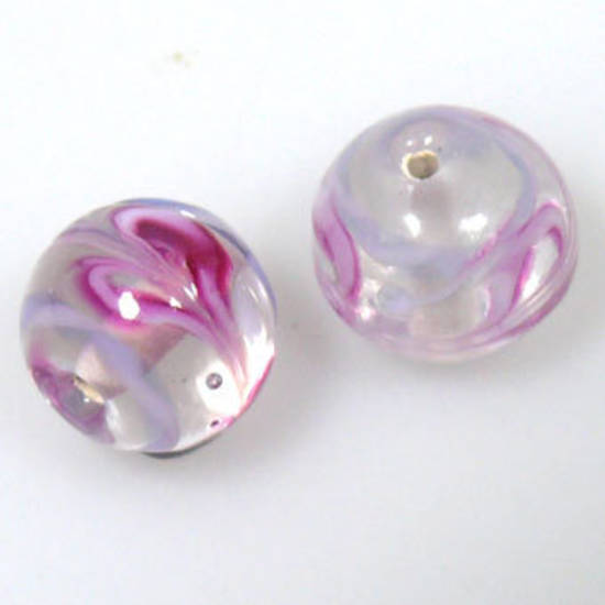 Indian Lampwork, round, transparent with lilac/white swirls and pinky heart like pattern