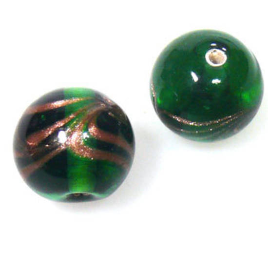 Indian Lampwork, round, transparent green with gold feathered pattern
