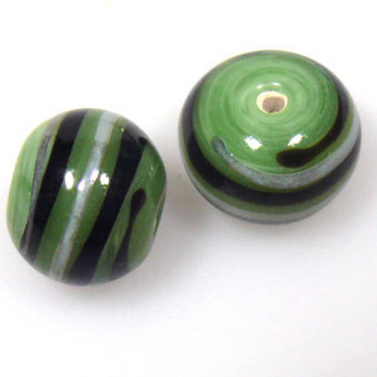 Indian Lampwork Bead (14mm): Opaque light green, black and silvery grey lines