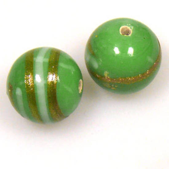 Indian Lampwork, round, opaque pea green with gold and grey lines
