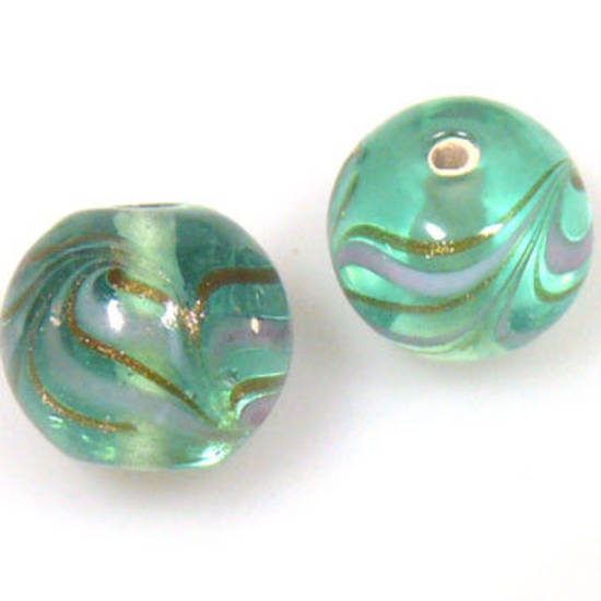 Indian Lampwork, round, very light transparent green with white and gold feathered patterns